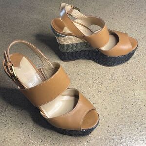 Nine West Unstopable Leather and Grass Wrapped Wedge Sandals 7